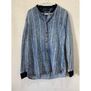 SEED Denim Shirt Mens Large Blue Excellent Acid Wash Pinstripe Bomber Collar